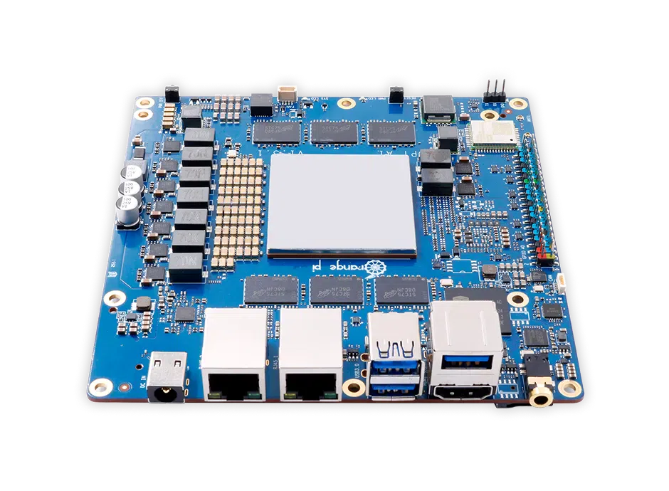 Angled view of the bare Orange Pi AI Station board, showing the SoC, dual Ethernet, USB 3 and HDMI ports
