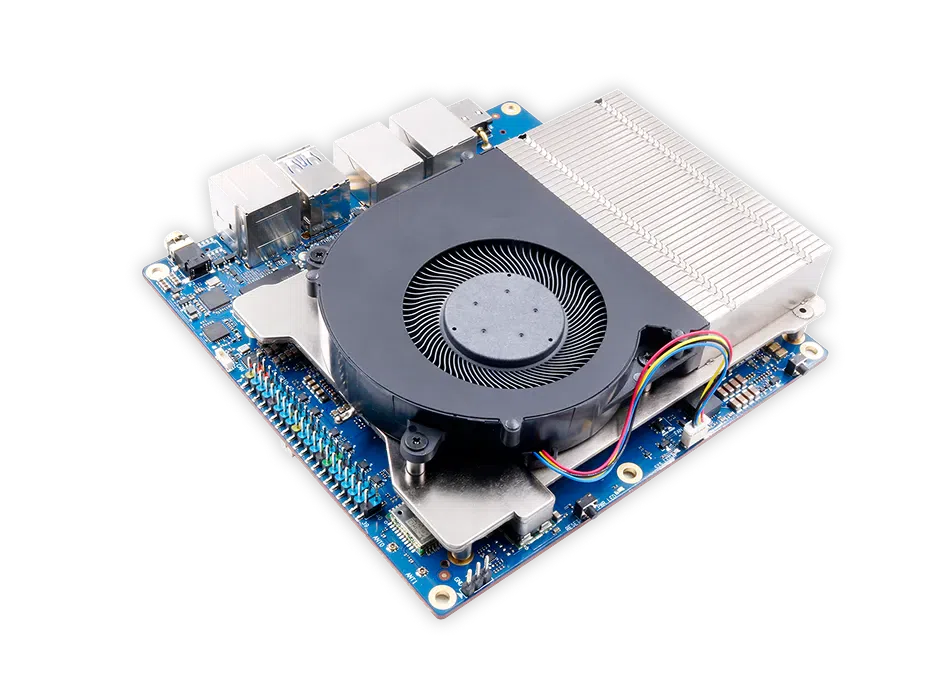 Angled view of the Orange Pi AI Station with its heatsink and blower fan fitted