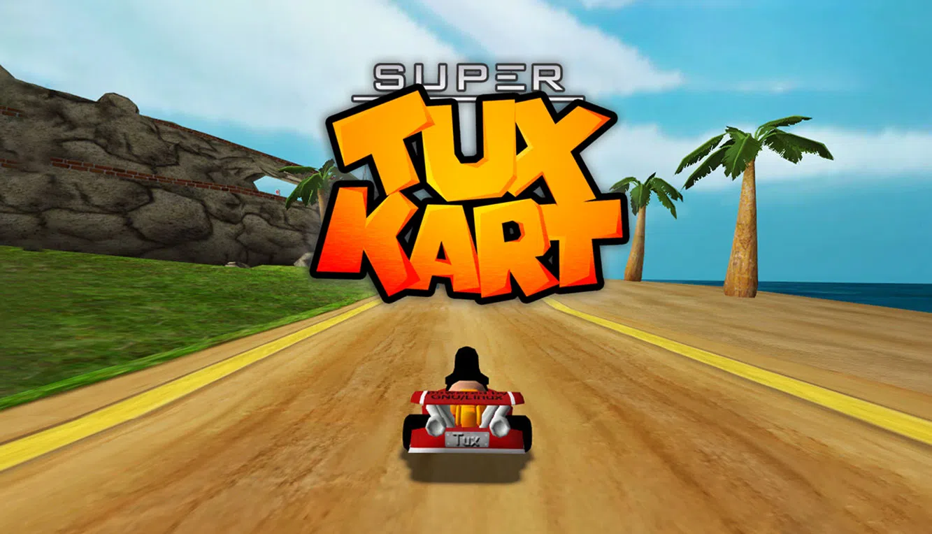 Super Tux Kart logo with a still from the game in the background