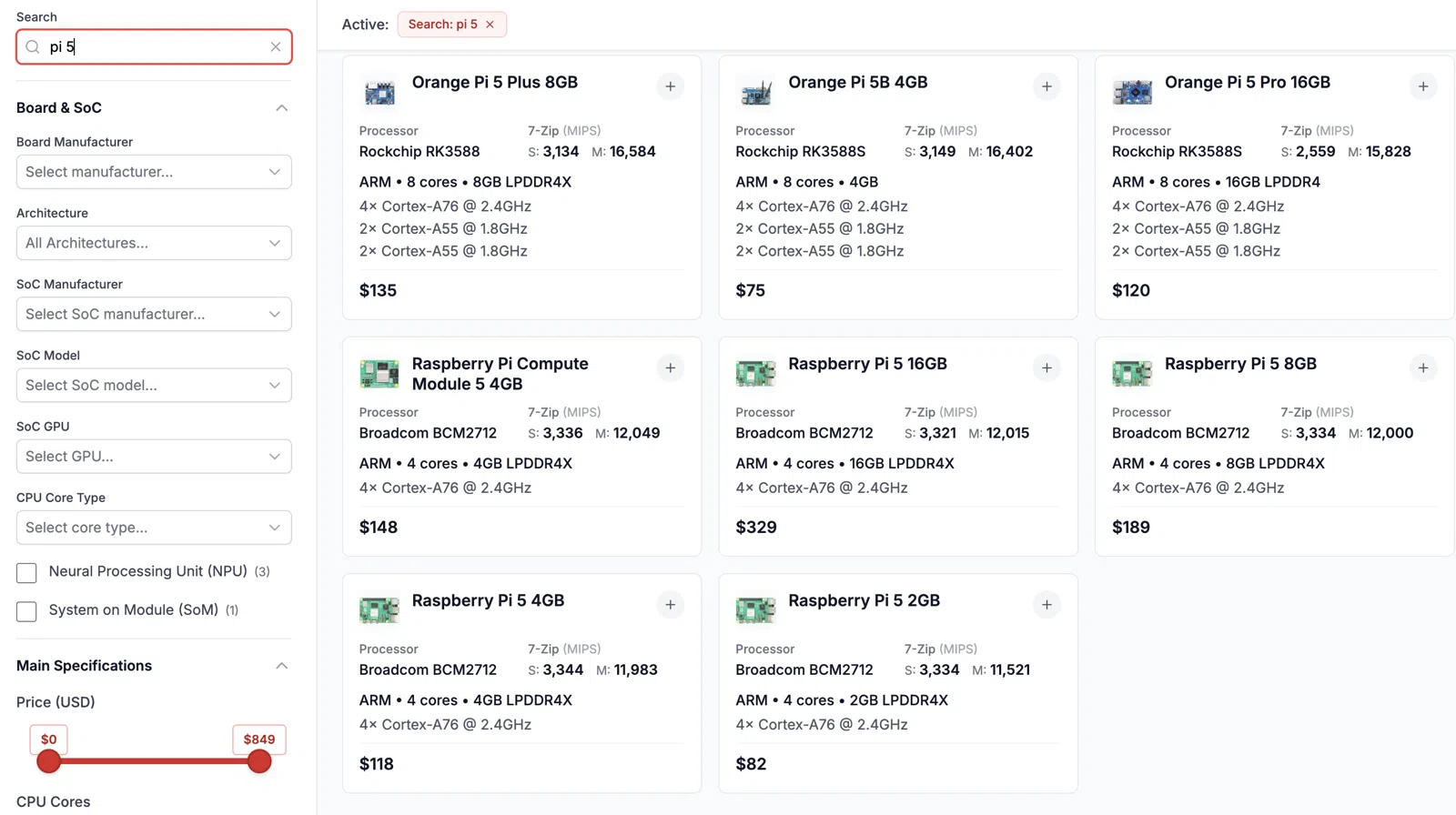 The browse page showing a "pi 5" search, with 8 search results including the Orange Pi 5, and Raspberry Pi 5 models
